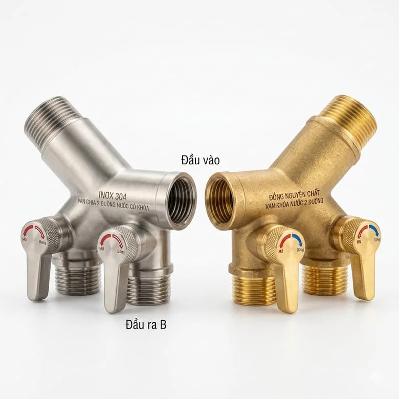 ảnh sản phẩm van chia 2 đường nước có khoá bằng inox và đồng, thiết kế chữ Y với 2 tay khóa riêng biệt