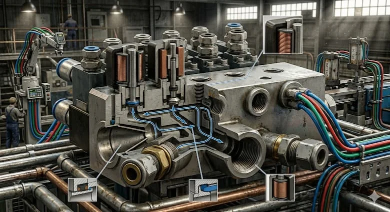 Van phân phối khí nén được lắp đặt trên hệ thống đường ống khí nén công nghiệp, các ống dẫn khí nén được kết nối với thiết bị tự động hóa và xi lanh trong nhà máy