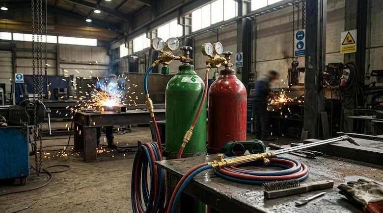 Bộ phận chống bắt lửa ngược khí được lắp đặt trên hệ thống hàn oxy-axetylen, bộ điều chỉnh khí công nghiệp với ống dẫn và mỏ hàn, môi trường xưởng sản xuất thực tế, thiết bị hàn