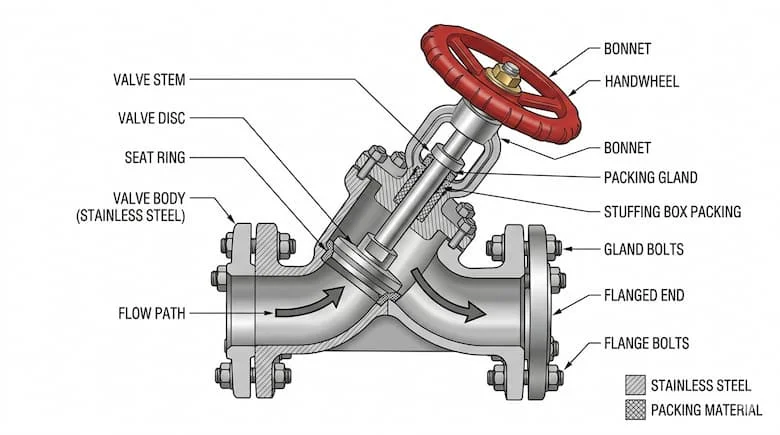 Sơ đồ cắt chi tiết của van chữ Y, thể hiện các bộ phận bên trong như đĩa van, đế van, trục van và đường dẫn dòng chảy