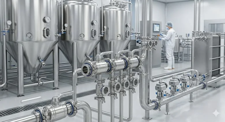 một dây chuyền sản xuất sữa hoặc đồ uống thực tế sử dụng nhiều van kẹp bằng thép không gỉ và hệ thống đường ống hợp vệ sinh.