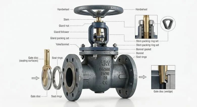 Ảnh mô phỏng cấu tạo van cổng ARV với ty van, đĩa van, vô lăng và các bộ phận làm kín, minh họa kỹ thuật cơ khí