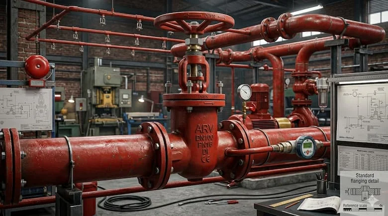 Van cổng chữa cháy được lắp trên hệ thống sprinkler với các đường ống đỏ lớn trong nhà máy công nghiệp, hệ thống phòng cháy chữa cháy thực tế