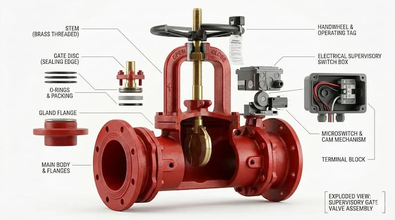Ảnh mô phỏng cấu tạo van cổng có công tắc giám sát với ty van, đĩa van, bộ phận làm kín và công tắc tín hiệu điện