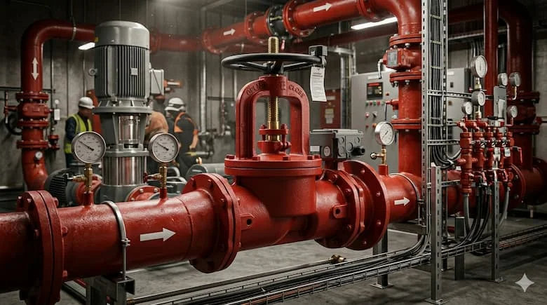 Van cổng có công tắc giám sát được lắp trên hệ thống sprinkler chữa cháy với các đường ống đỏ lớn trong phòng bơm PCCC, phong cách ảnh kỹ thuật công nghiệp thực tế