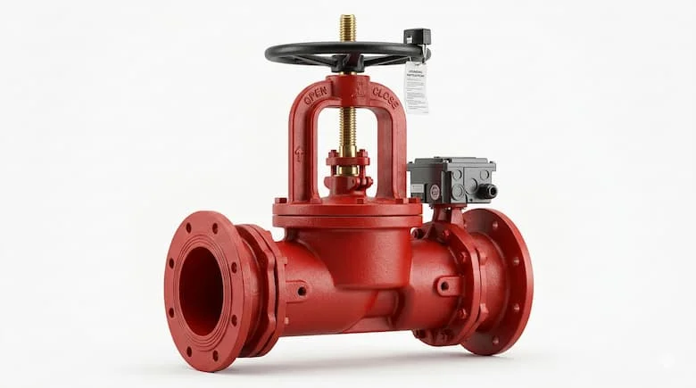 Van cổng có công tắc giám sát cho hệ thống PCCC chụp nền trắng, van công nghiệp màu đỏ với hộp tín hiệu giám sát và kết nối mặt bích