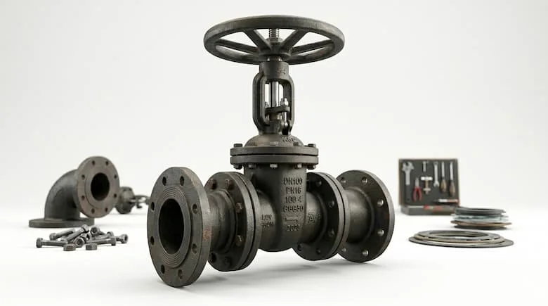 Ảnh mô phỏng cấu tạo van cổng DN100 với ty van, đĩa van, bộ phận làm kín và vô lăng, minh họa kỹ thuật cơ khí
