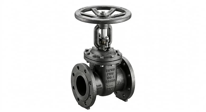 Van cổng DN100 chụp nền trắng, van cổng công nghiệp kết nối mặt bích với tay quay vô lăng, thân gang cầu, phong cách ảnh sản phẩm chuyên nghiệp