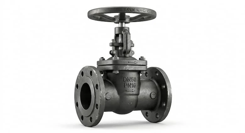 Van cổng DN50 chụp nền trắng, van cổng công nghiệp kết nối mặt bích với tay quay vô lăng, thân gang cầu