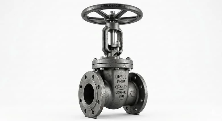 Van cổng DN150 chụp nền trắng, van cổng công nghiệp kích thước lớn kết nối mặt bích với tay quay vô lăng, thân gang cầu