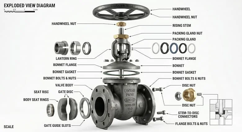 Ảnh mô phỏng cấu tạo van cổng DN150 với ty van, đĩa van, bộ phận làm kín và vô lăng, minh họa kỹ thuật cơ khí