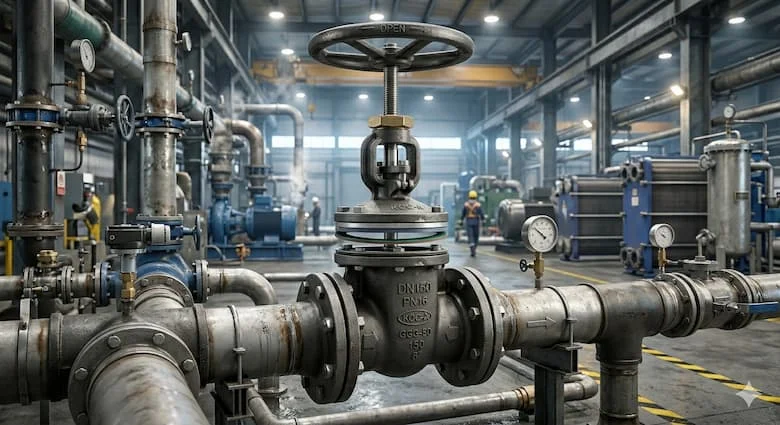 Van cổng DN150 được lắp trên hệ thống đường ống cấp nước công nghiệp với các đường ống mặt bích lớn trong nhà máy