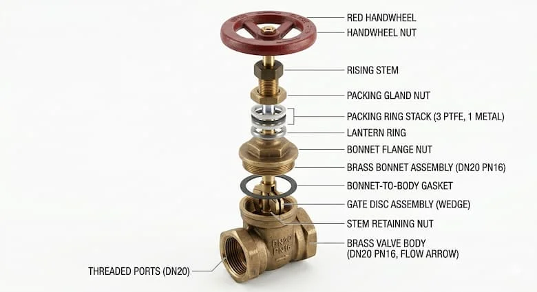 Ảnh mô phỏng cấu tạo van cổng DN20 với ty van, đĩa van, bộ phận làm kín và vô lăng, minh họa kỹ thuật cơ khí
