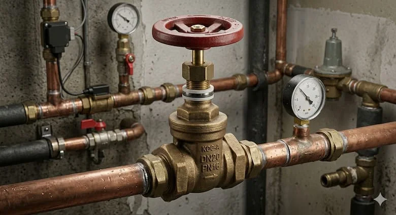 Van cổng DN20 được lắp trên hệ thống đường ống nước dân dụng, môi trường kỹ thuật cấp nước thực tế, phong cách ảnh kỹ thuật công nghiệp