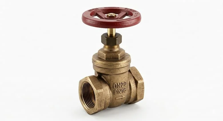 Van cổng DN20 chụp nền trắng, van cổng đồng công nghiệp kích thước nhỏ với tay quay vô lăng, phong cách ảnh sản phẩm chuyên nghiệp