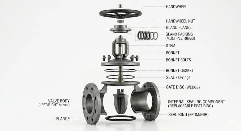 Ảnh mô phỏng cấu tạo van cổng DN200 với ty van, đĩa van, bộ phận làm kín và vô lăng, minh họa kỹ thuật cơ khí