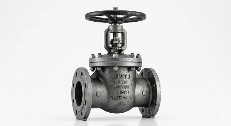 Van cổng DN200 chụp nền trắng, van cổng công nghiệp kích thước lớn kết nối mặt bích với tay quay vô lăng, thân gang cầu, phong cách ảnh sản phẩm chuyên nghiệp