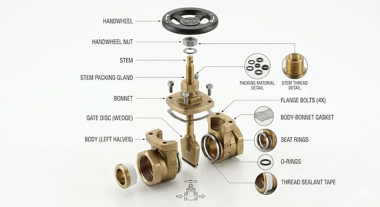 Ảnh mô phỏng cấu tạo van cổng DN25 với ty van, đĩa van, bộ phận làm kín và vô lăng, minh họa kỹ thuật cơ khí