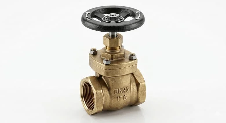 Van cổng DN25 chụp nền trắng, van cổng đồng công nghiệp với tay quay vô lăng, phong cách ảnh sản phẩm chuyên nghiệp