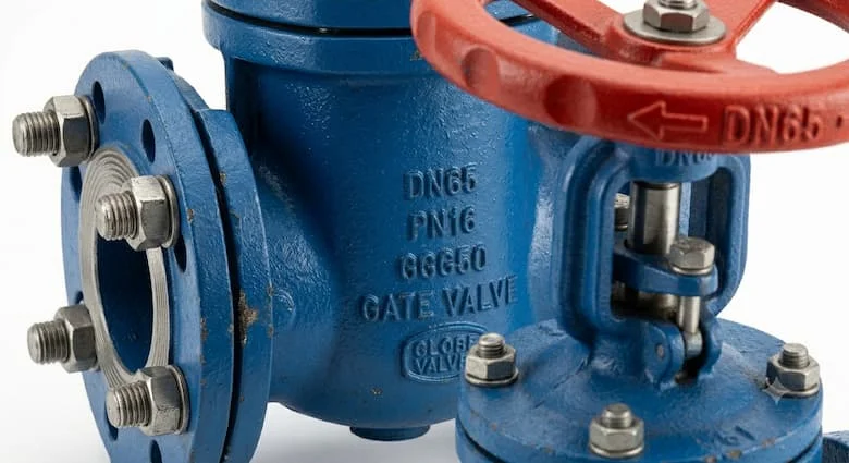 Ảnh chụp cận cảnh macro của van cổng DN65, chi tiết các bu lông mặt bích, thân van, tay quay màu đỏ, kết cấu lớp phủ epoxy chống ăn mòn, ảnh sản phẩm công nghiệp