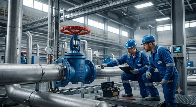 Van cổng DN65 được lắp đặt trong hệ thống đường ống công nghiệp, các đường ống thép lớn bên trong một nhà máy hiện đại, môi trường công nghiệp 