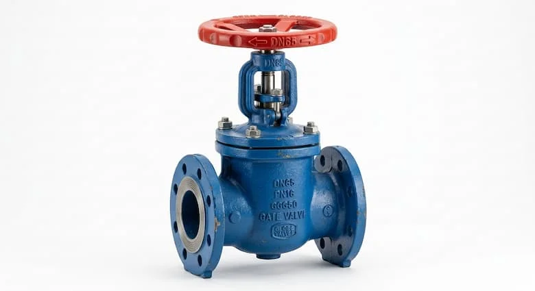 Van cổng công nghiệp DN65, thân bằng gang phủ epoxy màu xanh lam, tay quay màu đỏ, kết nối mặt bích