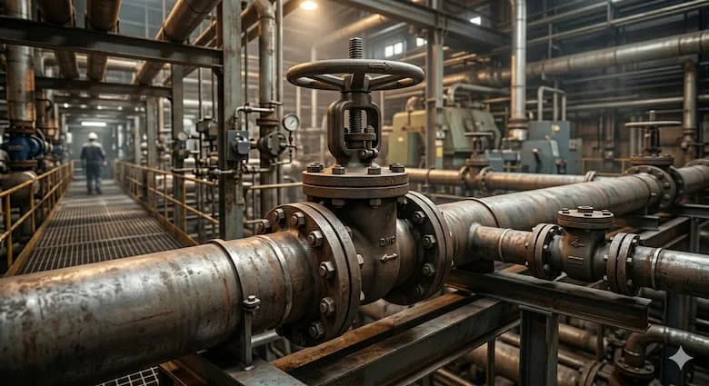 Van cổng mặt bích được lắp đặt trên hệ thống đường ống nước công nghiệp, đường ống đường kính lớn với bu lông mặt bích và van tay quay, môi trường nhà máy