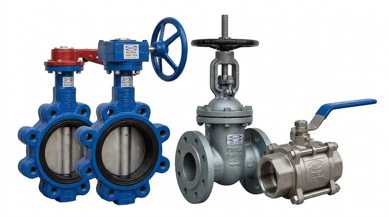 Hình ảnh sản phẩm cực kỳ chân thực về các loại van công nghiệp của Arita Malaysia, bao gồm van bướm, van cổng và van bi, thân bằng gang và thép không gỉ