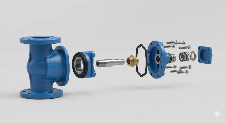 Hình ảnh tháo rời của van cổng trục không nâng DN100 có nắp, thể hiện các bộ phận bên trong như thân van, đĩa nêm, trục, nắp van, gioăng cao su