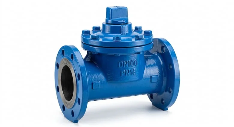 Hình ảnh sản phẩm thực tế của van cổng không nâng trục DN100 có nắp (van cổng ngầm), làm bằng gang dẻo với lớp phủ epoxy màu xanh lam