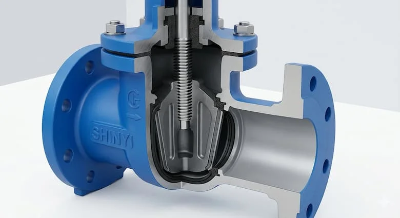 Hình ảnh mặt cắt ngang của van cổng trục không nâng Shinyi, thể hiện các bộ phận bên trong như đĩa nêm, trục, gioăng cao su, nắp và thân van