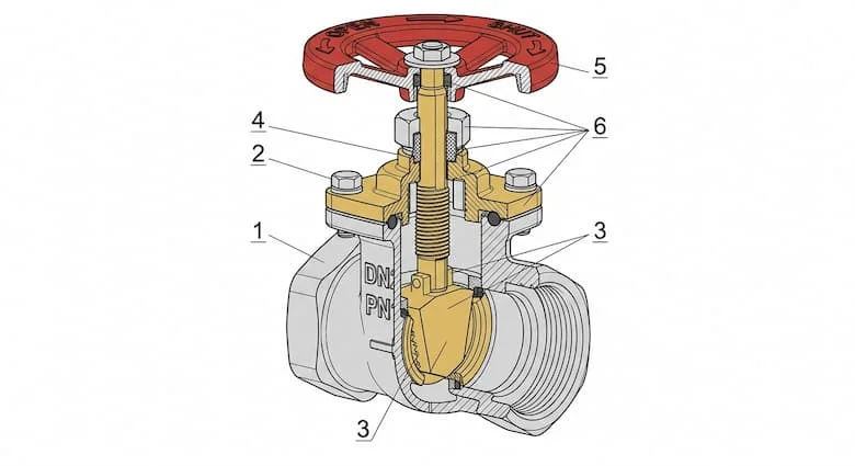 Hình ảnh minh họa kỹ thuật mặt cắt của cấu trúc van cổng DN25, thể hiện thân van, trục van, đĩa nêm, nắp van, tay quay và các bộ phận làm kín