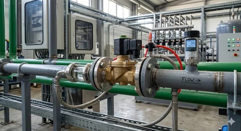 Van điện từ DN32 được lắp đặt trong hệ thống đường ống nước hoặc khí công nghiệp, môi trường tự động hóa thực tế