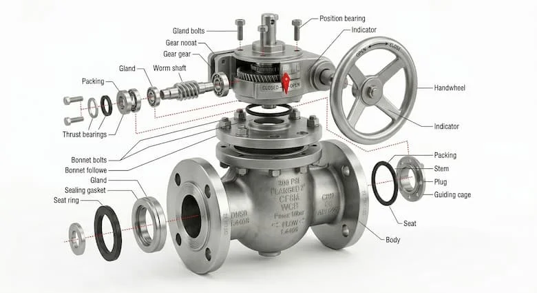 Ảnh mô phỏng cấu tạo van điều chỉnh lưu lượng nước với các bộ phận tách rời, thân inox, minh họa kỹ thuật cơ khí