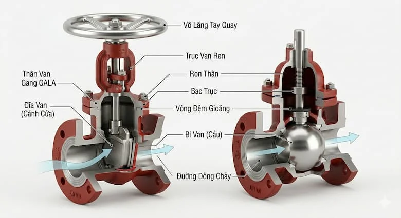 hình ảnh cắt lớp kỹ thuật của van công nghiệp Gala, hiển thị rõ cấu tạo bên trong gồm thân van, đĩa van hoặc bi van, trục van và đường dòng chảy