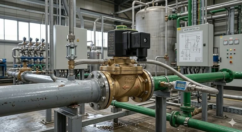 Van tự động ngắt khí được lắp đặt trên hệ thống đường ống dẫn khí gia đình hoặc công nghiệp, mô phỏng môi trường nhà bếp hoặc nhà máy thực tế, van khí bằng đồng thau được kết nối với bình khí và bộ điều chỉnh áp suất