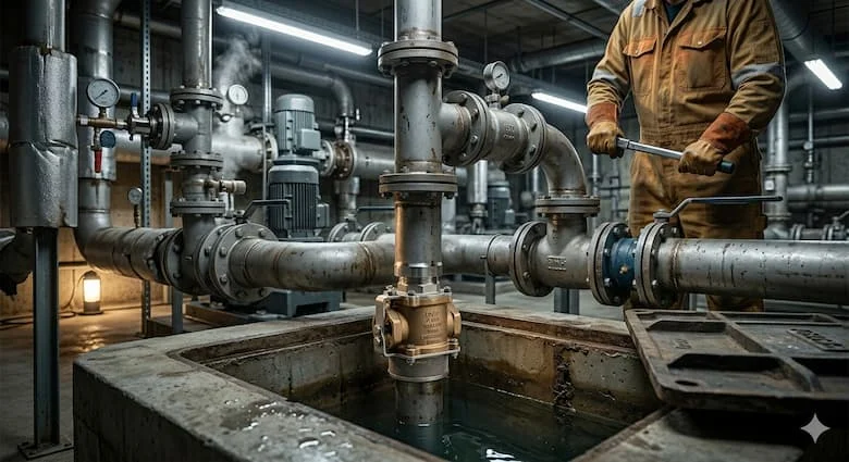 Van hút được lắp trên hệ thống máy bơm gần bể nước ngầm, môi trường kỹ thuật thực tế, hệ thống đường ống chi tiết