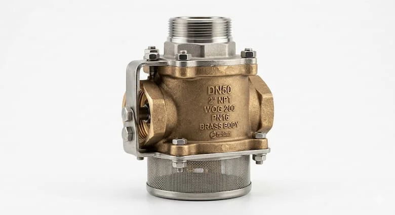 Van hút công nghiệp dùng cho hệ thống máy bơm nước, van chân bằng đồng và inox chụp nền trắng, phong cách ảnh sản phẩm chuyên nghiệp