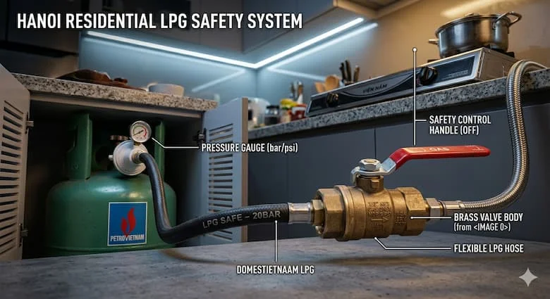 Van khóa gas được lắp đặt trong hệ thống đường ống dẫn gas nhà bếp, kết nối với bình gas LPG và bếp gas, môi trường nhà ở chân thực, hệ thống kiểm soát gas an toàn