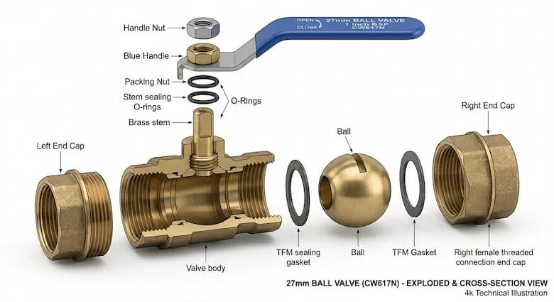 Sơ đồ cấu trúc bên trong van khóa nước 27mm, hình chiếu tháo rời thể hiện thân van, bi, trục, tay cầm, gioăng làm kín, khớp nối ren, hình minh họa kỹ thuật công nghiệp, kết cấu kim loại 