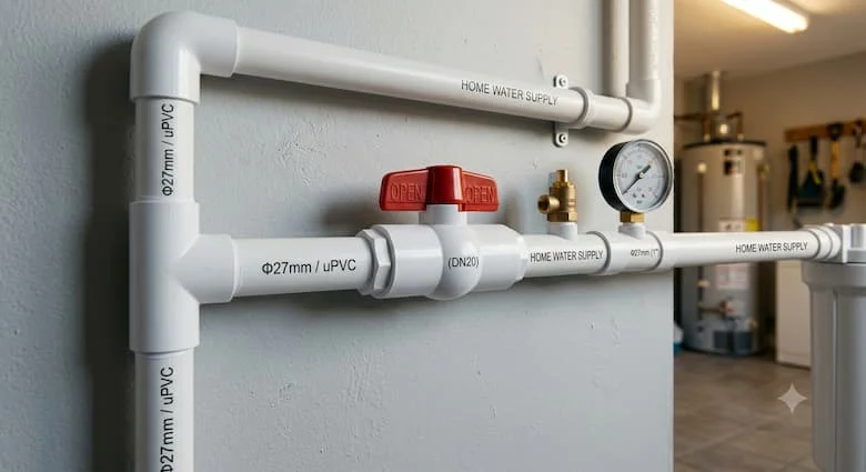 Van nước 27mm được lắp đặt trong hệ thống đường ống nước dân dụng, ống nước PVC, đường cấp nước gia đình, môi trường đường ống nước thực tế