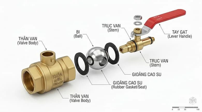 Hình ảnh tháo rời của một van khóa nước, thể hiện các bộ phận bên trong: bi, trục, gioăng cao su, thân van