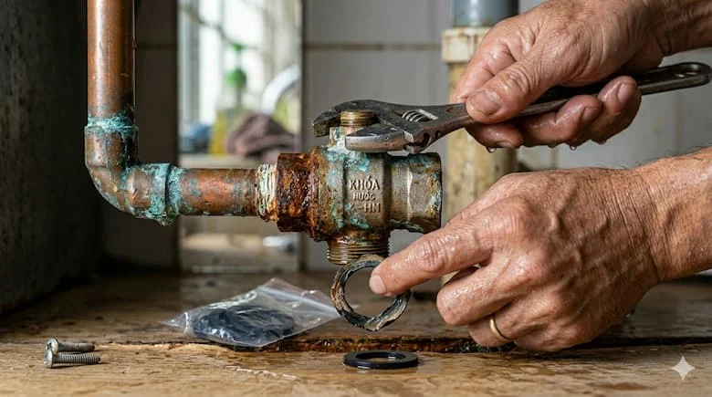 Sửa van nước bị rò rỉ tại nhà, người thợ dùng cờ lê để sửa van khóa, thay gioăng, cận cảnh bàn tay, cảnh sửa chữa hệ thống ống nước gia đình