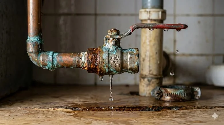 Van nước bị rò rỉ trong nhà, nước nhỏ giọt từ van khóa bằng kim loại, cận cảnh, có thể nhìn thấy rỉ sét và giọt nước