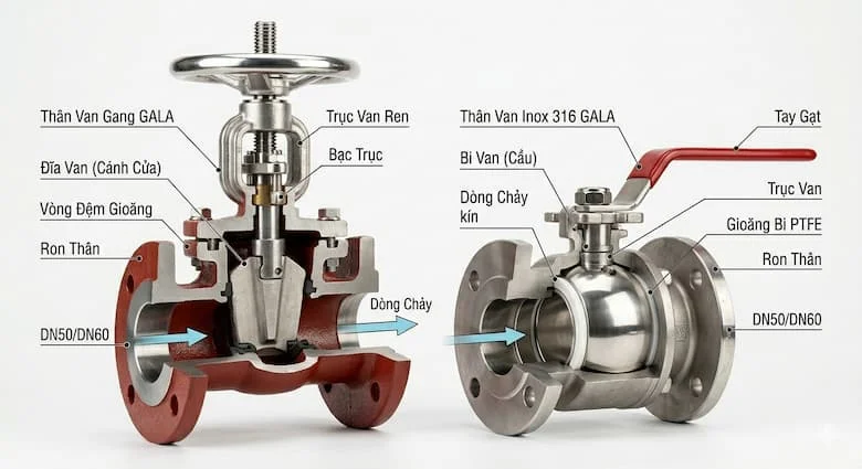 hình ảnh cắt lớp kỹ thuật của van khóa nước phi 60, hiển thị rõ cấu tạo bên trong gồm bi van hoặc cánh van, gioăng làm kín, thân van và hướng dòng chảy