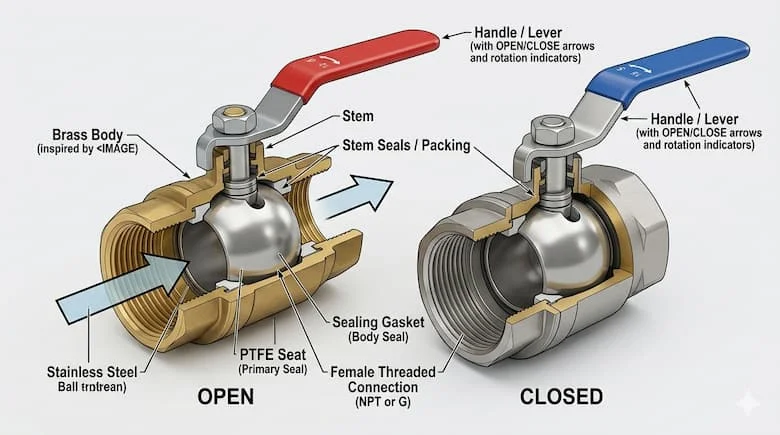 Sơ đồ cắt ngang của van nước ren trong cho thấy cơ cấu bi bên trong, gioăng PTFE, trục van, vòng đệm và khớp nối ren trong.