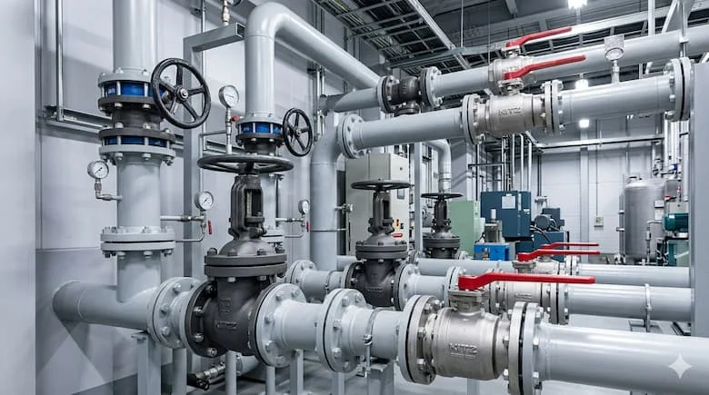 Van KITZ được lắp đặt trong hệ thống đường ống công nghiệp tại nhà máy hoặc tòa nhà, các đường ống, mặt bích và van có thể nhìn thấy rõ, việc lắp đặt gọn gàng và ngăn nắp