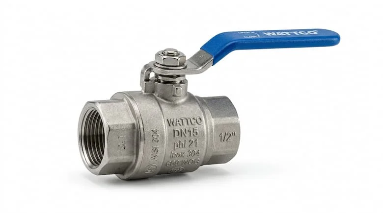 Van nước bằng thép không gỉ siêu thực DN15 phi 21, van bi inox 304 với tay cầm màu xanh lam, hình ảnh sản phẩm công nghiệp