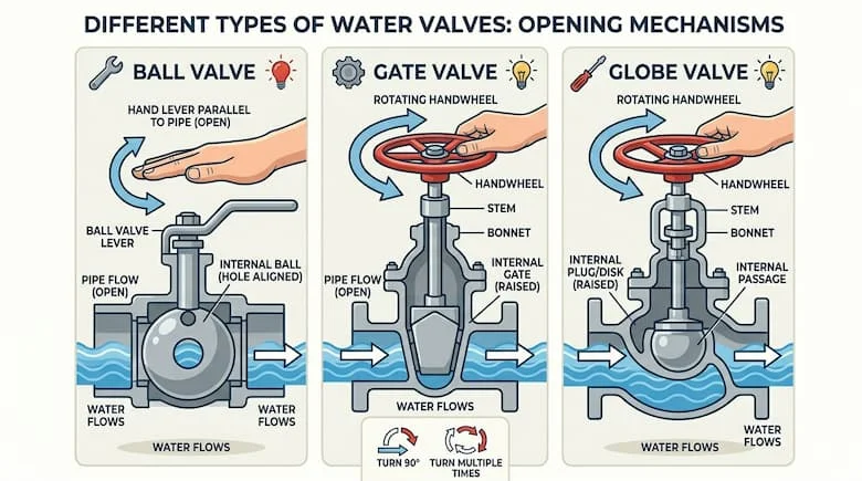 Các loại van nước khác nhau bao gồm van bi, van cổng và van cầu, thể hiện cơ chế mở của chúng, cần van bi song song với đường ống (mở), van cổng với tay quay,