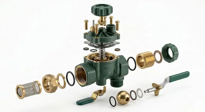 Hình ảnh tháo rời các bộ phận của van nước tưới tiêu, các bộ phận riêng biệt bao gồm thân van, gioăng, tay cầm, cơ cấu bi bên trong, các phụ kiện và đầu nối ren